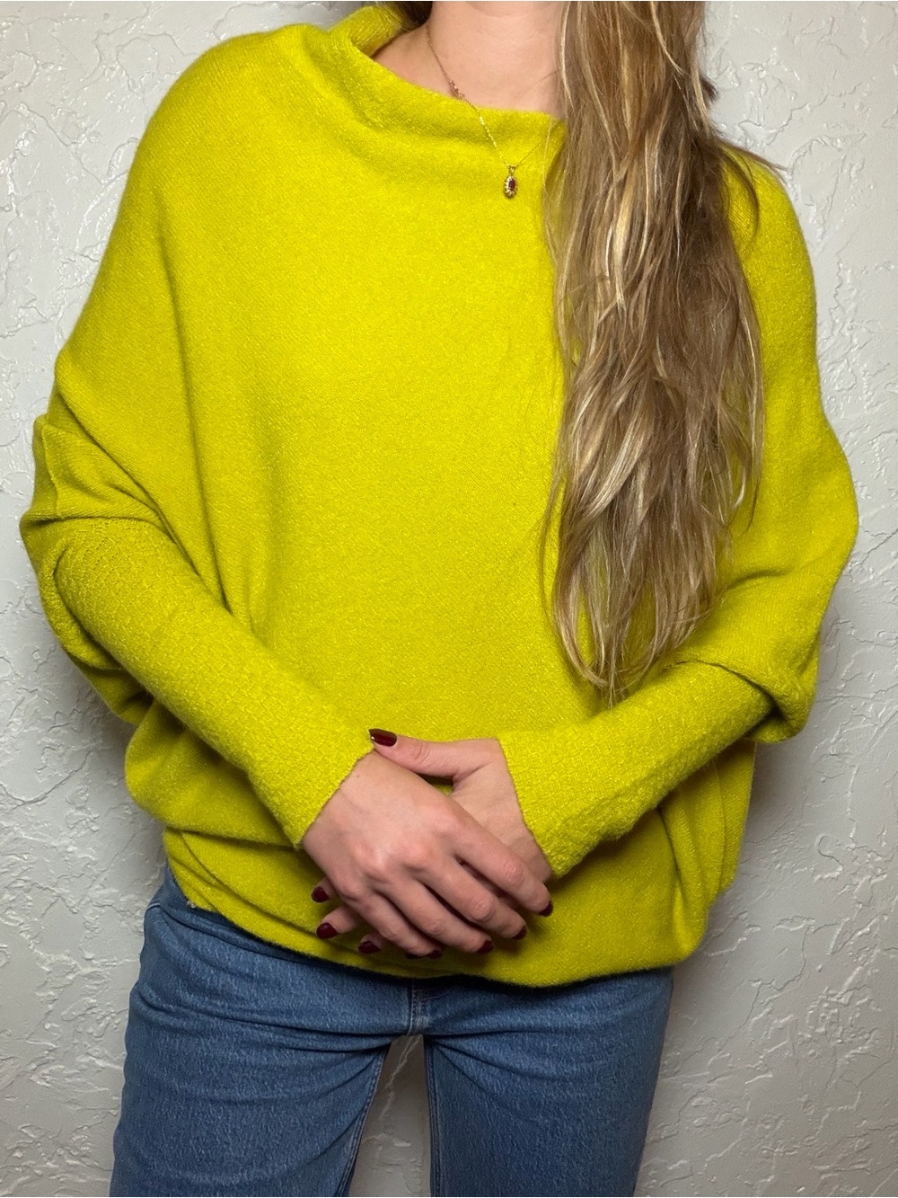 Jaki London Neon Lime Cowl Neck Asymmetrical Poncho Batwing Sweater